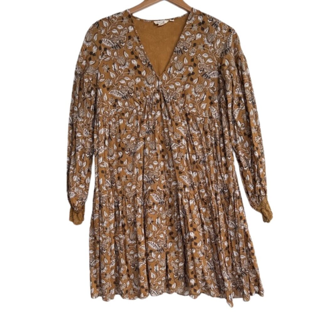Anthropologie Floral Tiered Cottagecore Boho Dress Petite 6P Mustard Botanical - Picture 2 of 16